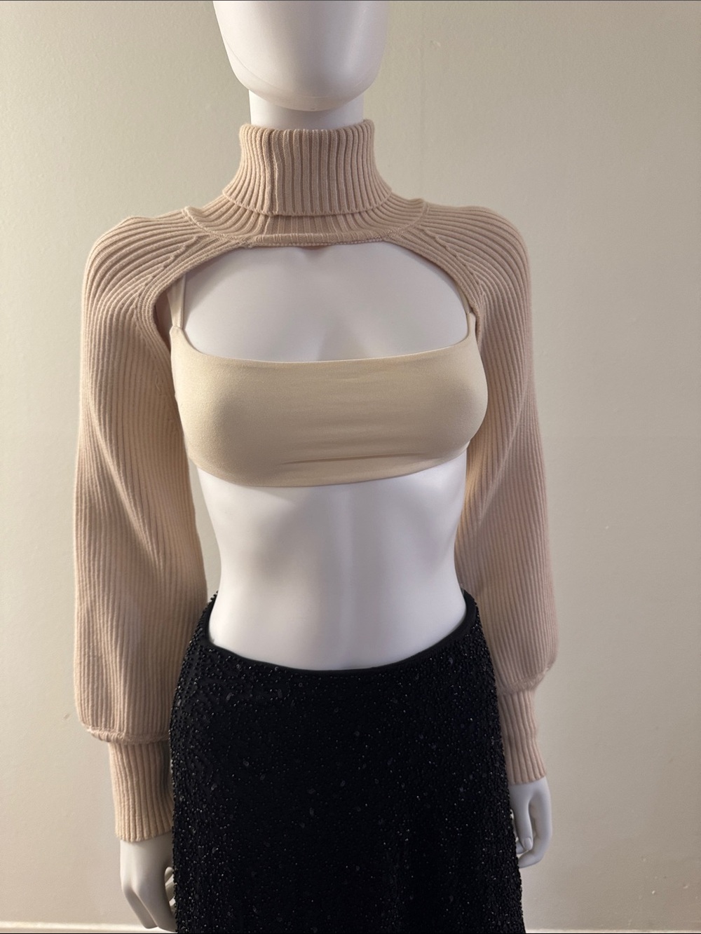 Beige Ribbed Cutout Turtleneck Shrug - Women's Top